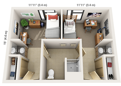 3D floor plan of Laurel Village Suite Style Room