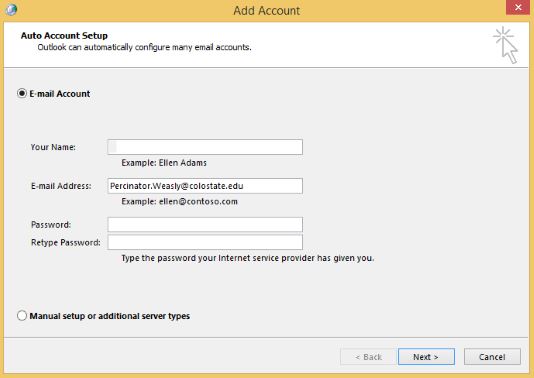 Auto account setup without autofill. Type in the email address, not manual setup